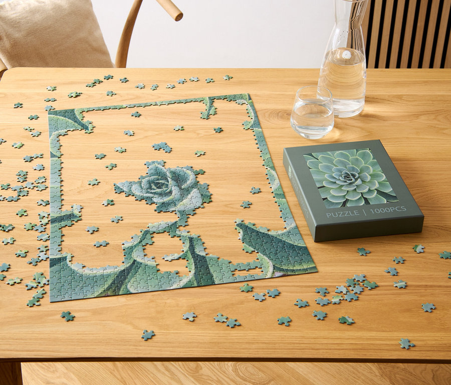 Częściowo ułożone puzzle „Sukulenty” leżą na drewnianym stole obok pudełka z motywem sukulentów, szklanki i karafki z wodą.
