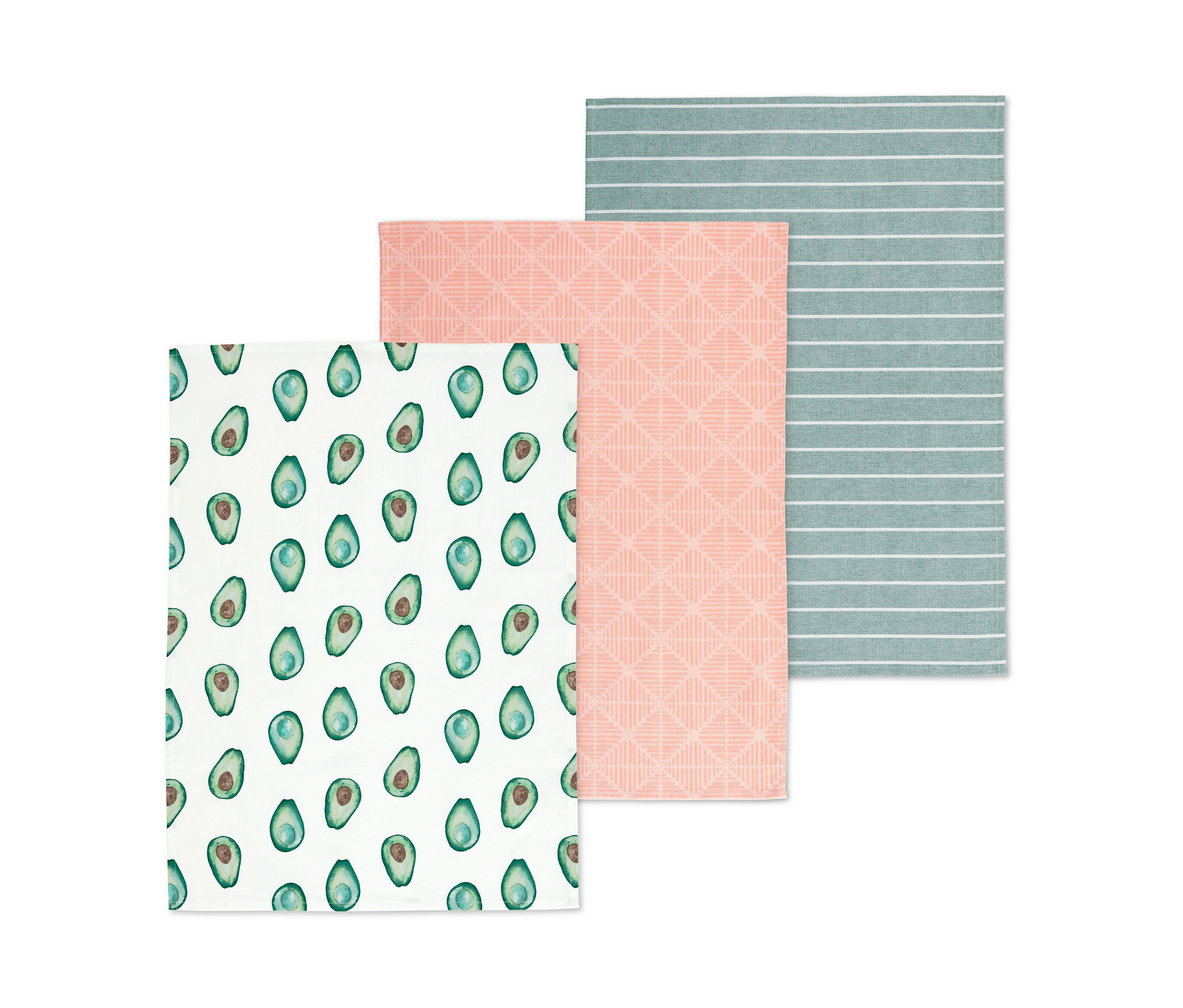 Trzy ściereczki kuchenne: jedna w awokado, jedna we wzory geometryczne i jedna w paski.