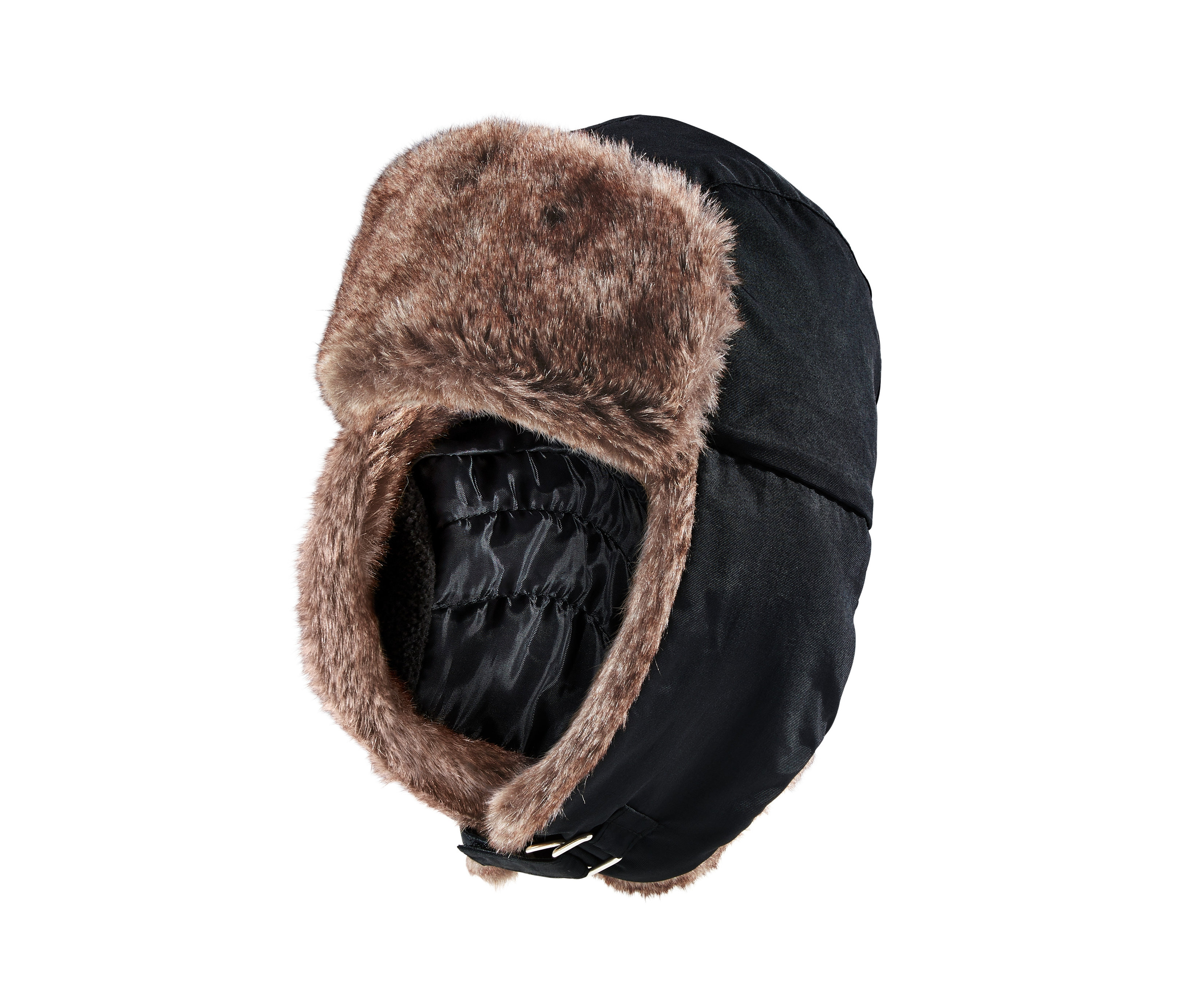 Szczegółowe ujęcie czarnej czapki z brązowym futrem.