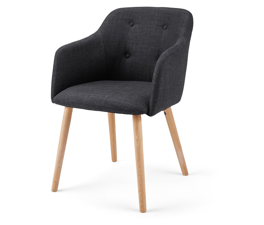 Antracytowe krzesło tapicerowane z drewnianymi nogami.