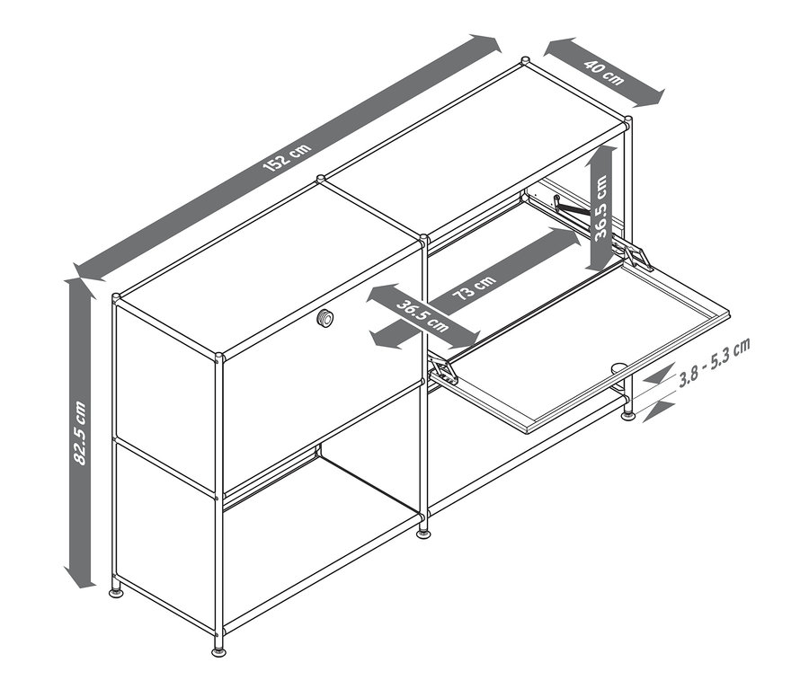 Schemat metalowej szafki typu sideboard CN3 z dwoma klapami i oznaczeniami wymiarów.