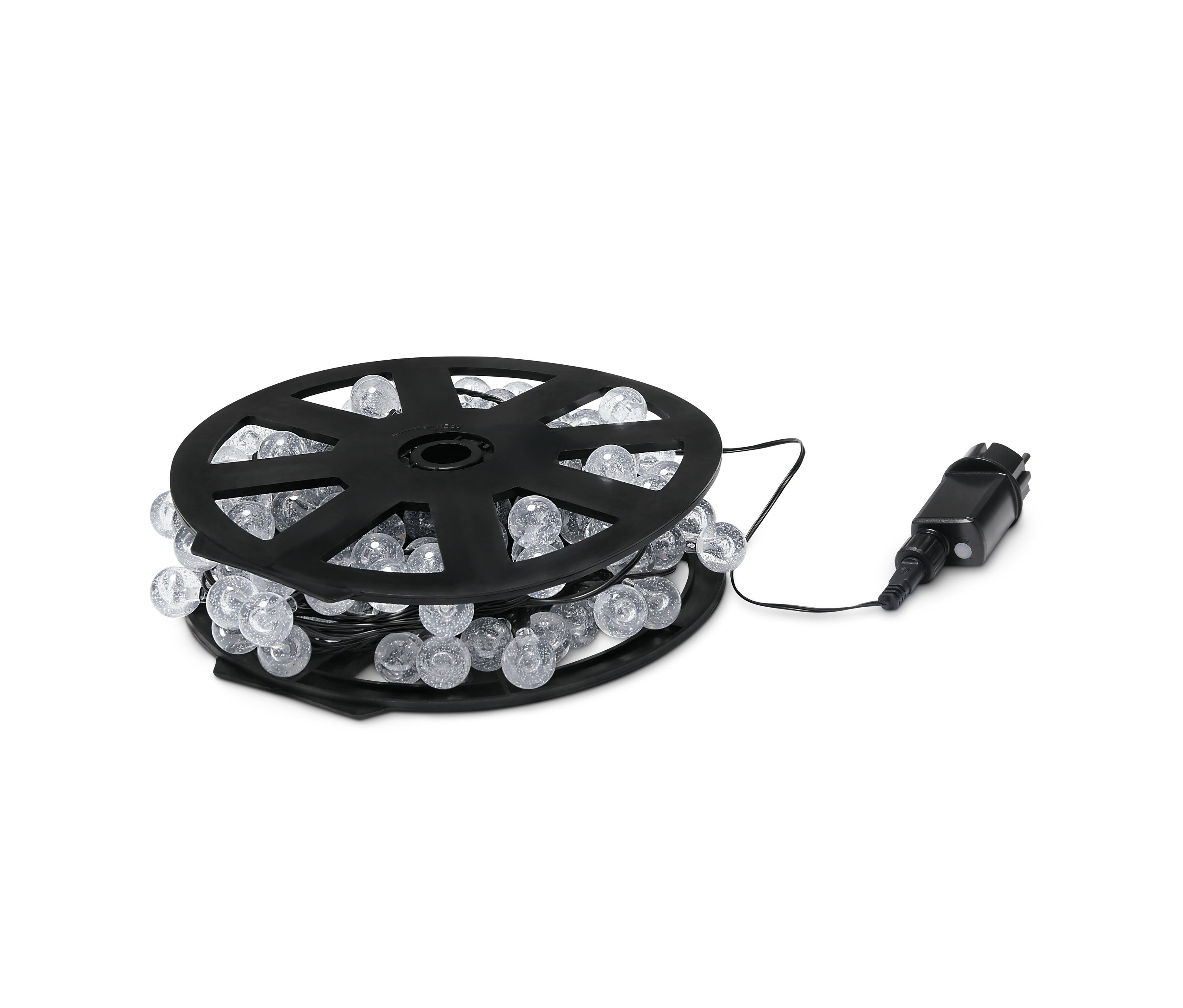 Czarna szpula z zewnętrznym łańcuchem świetlnym LED, 120 diod LED. Przezroczyste kuliste żarówki są nawinięte na szpulę.