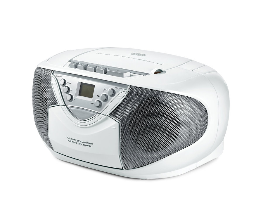 Biały boombox z radiem i odtwarzaczem CD i kaset.