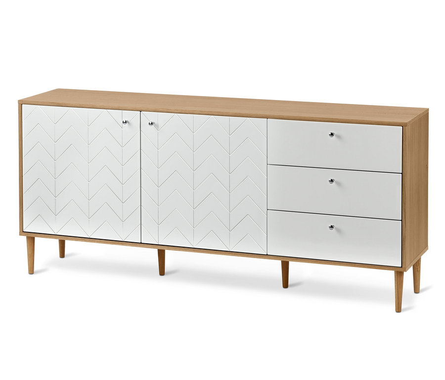 Szafka typu sideboard z 2 drzwiami z białym wzorem strzałek po lewej stronie i 3 białymi szufladami po prawej.