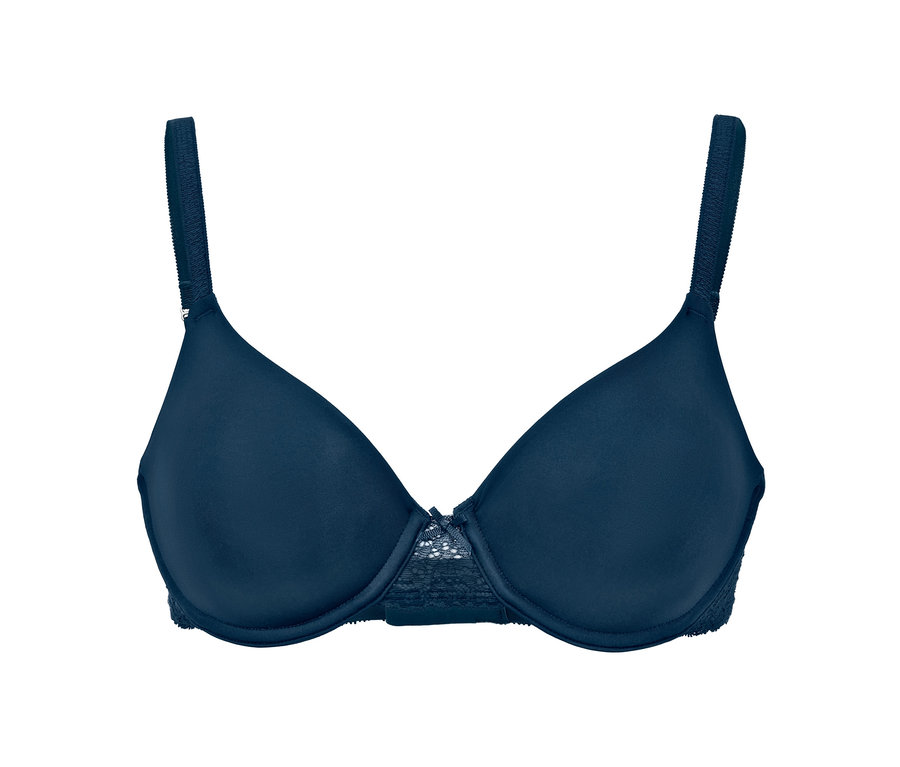 Granatowy biustonosz na fiszbinach.