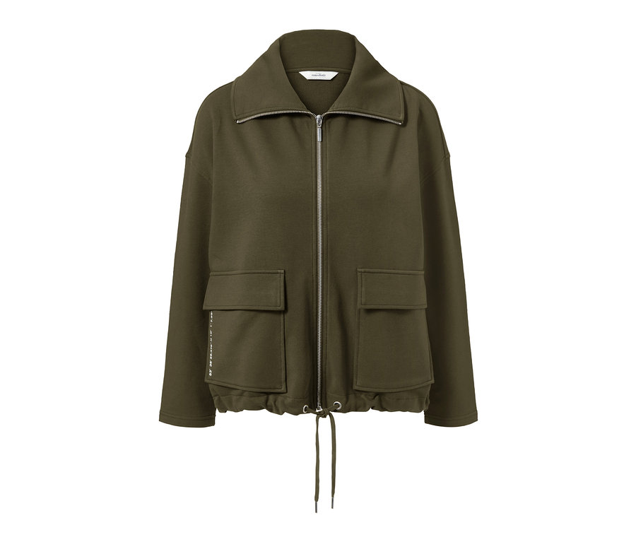 Bluza z dzianiny dresowej khaki zapinana na zamek z kieszeniami.