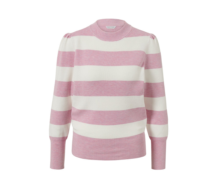 Pasiasty sweter z bufiastymi rękawami.