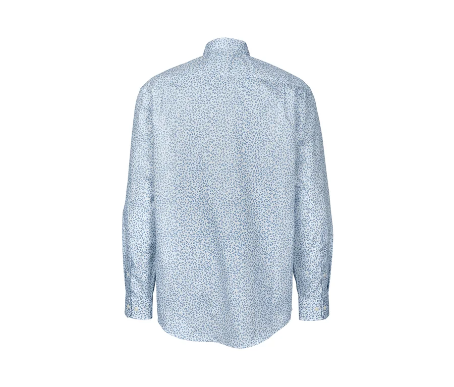 Widok z tyłu jasnoniebieskiej koszuli z kołnierzykiem button down, Comfort Fit, z drobnym wzorem.