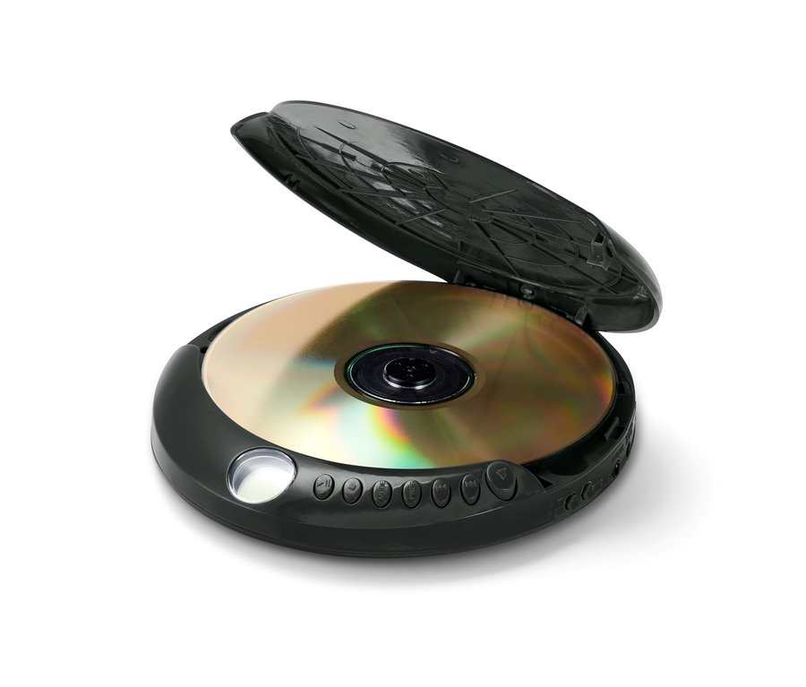 Czarny, przenośny odtwarzacz CD z otwartą pokrywą i włożoną płytą CD.
