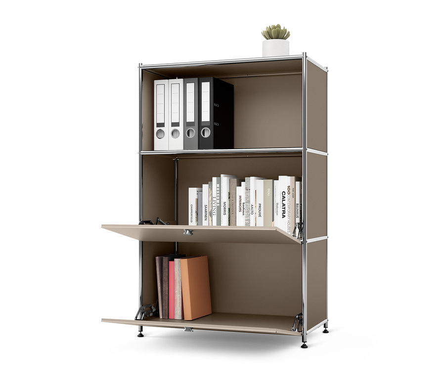 Szarobeżowa metalowa komoda »CN3« z 2 klapami i metalowy stolik „CN3” z 2 klapami.