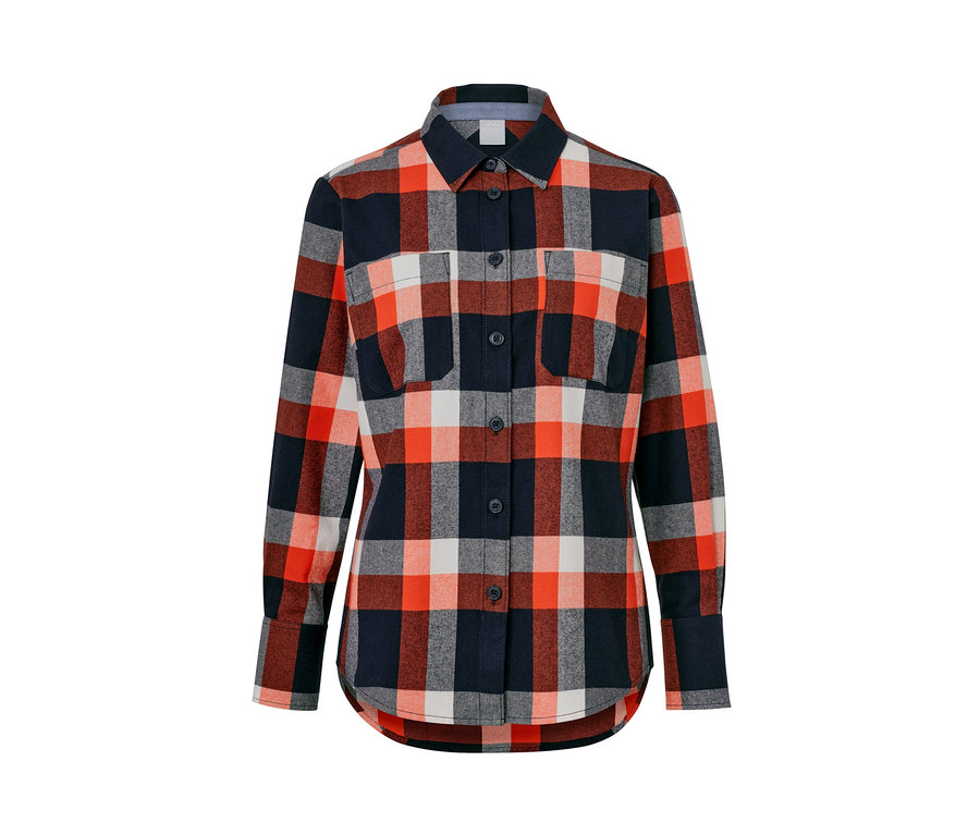 Koszula w kratę z długimi rękawami, kieszeniami i guzikami.