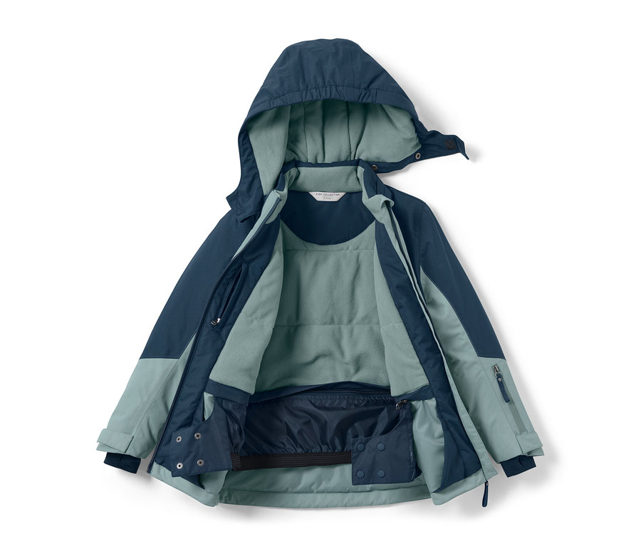 Rozpięta dziecięca kurtka turystyczno-snowboardowa w kolorze niebieskim i jasnoniebieskim z kapturem.