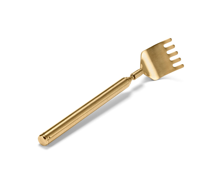 Złota drapaczka do pleców na białym tle.