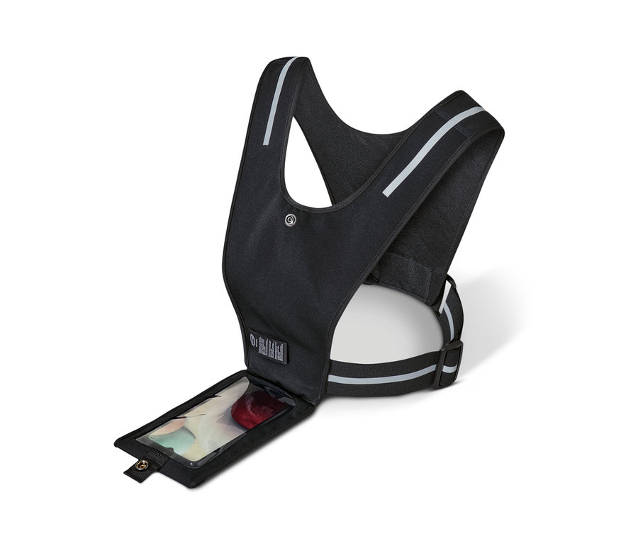 Czarna kamizelka do biegania z kieszonką na smartfon z przezroczystą kieszenią na telefon.