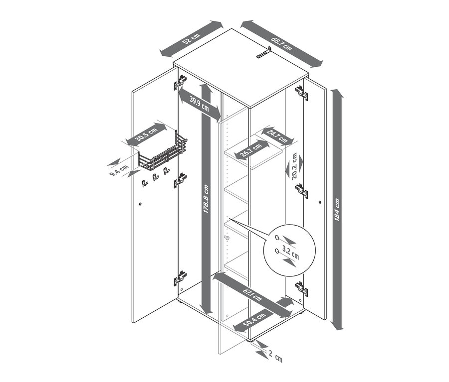 Rysunek uniwersalnej szafy z bocznym schowkiem, otwartymi drzwiami i zaznaczonymi wymiarami.