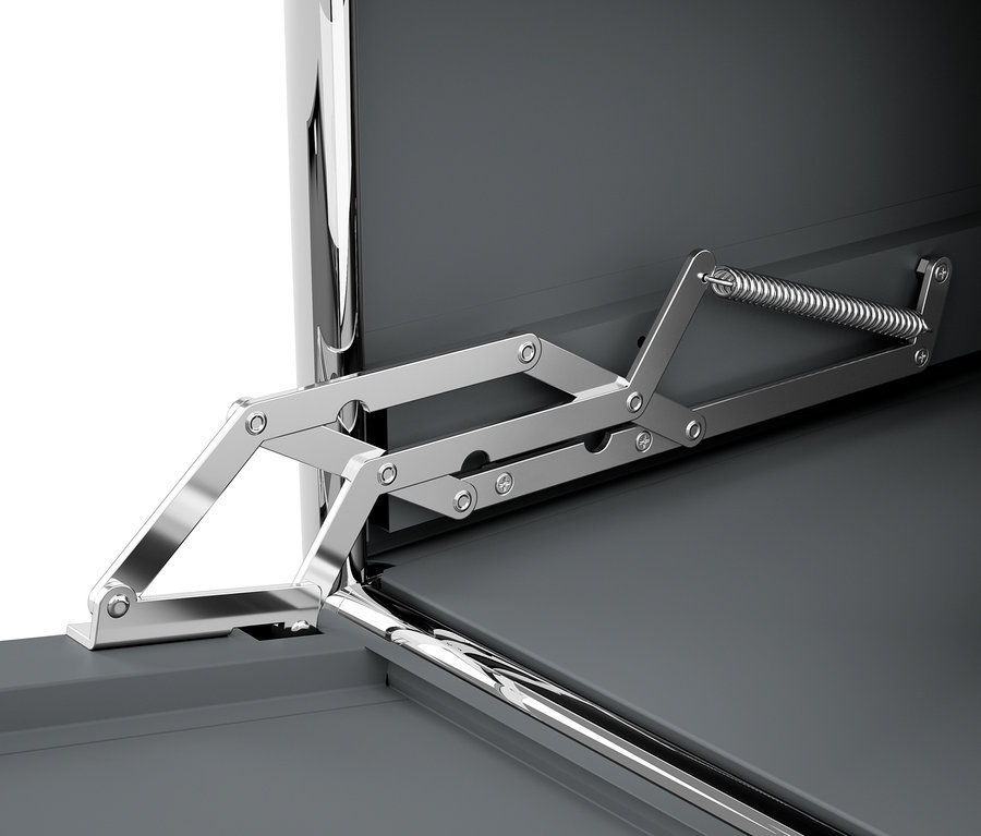 Szczegół szarej metalowej szafki CN3 z otwartymi klapami, mechanizm mocowania klap jest srebrny.