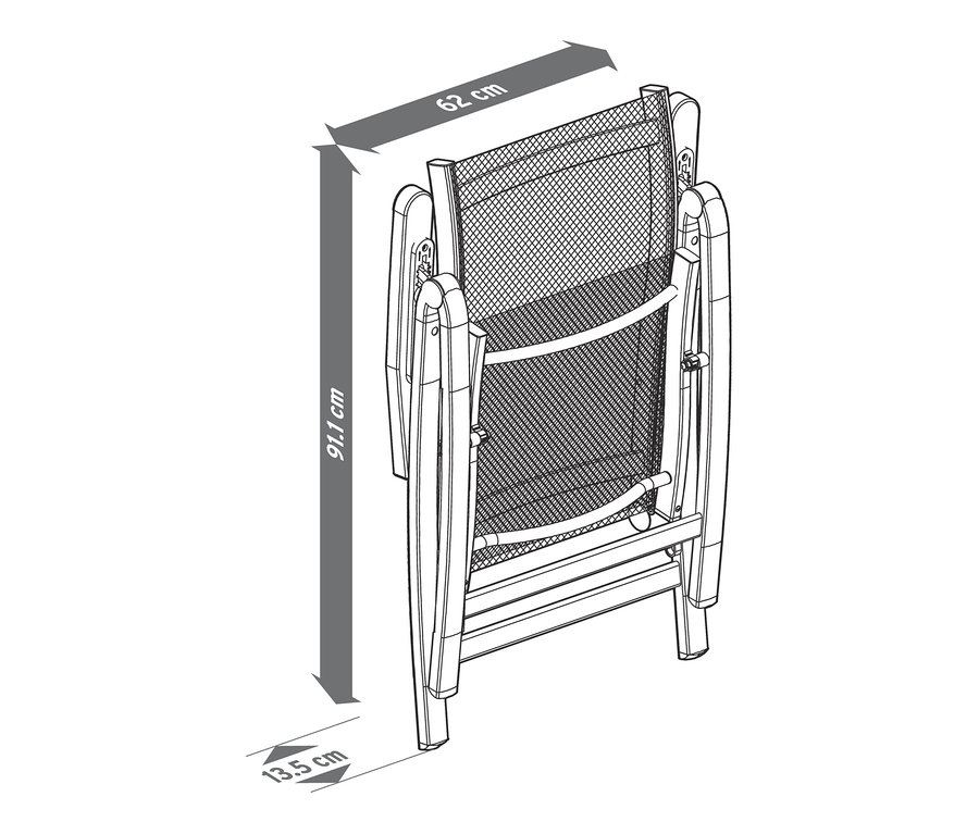 Ilustracja krzesła ogrodowego z wysokim, regulowanym oparciem „Liska” z wymiarami.