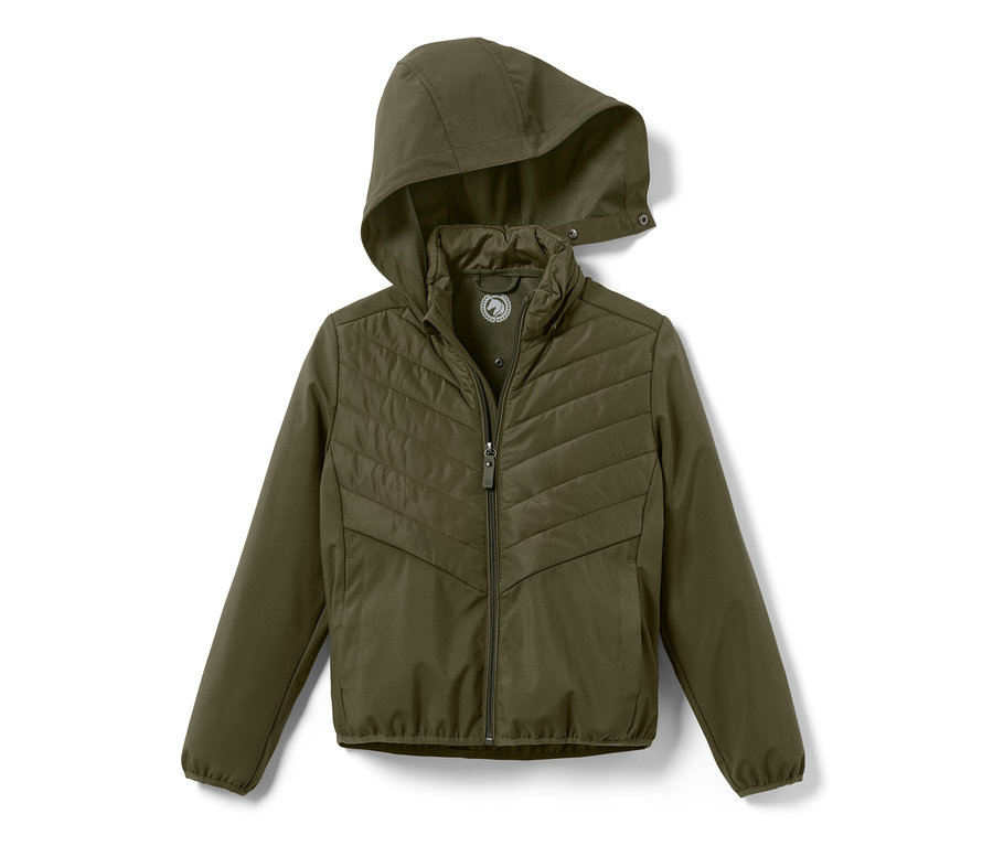 Zielona kurtka jeździecka dla dzieci z zamkiem błyskawicznym i kapturem.