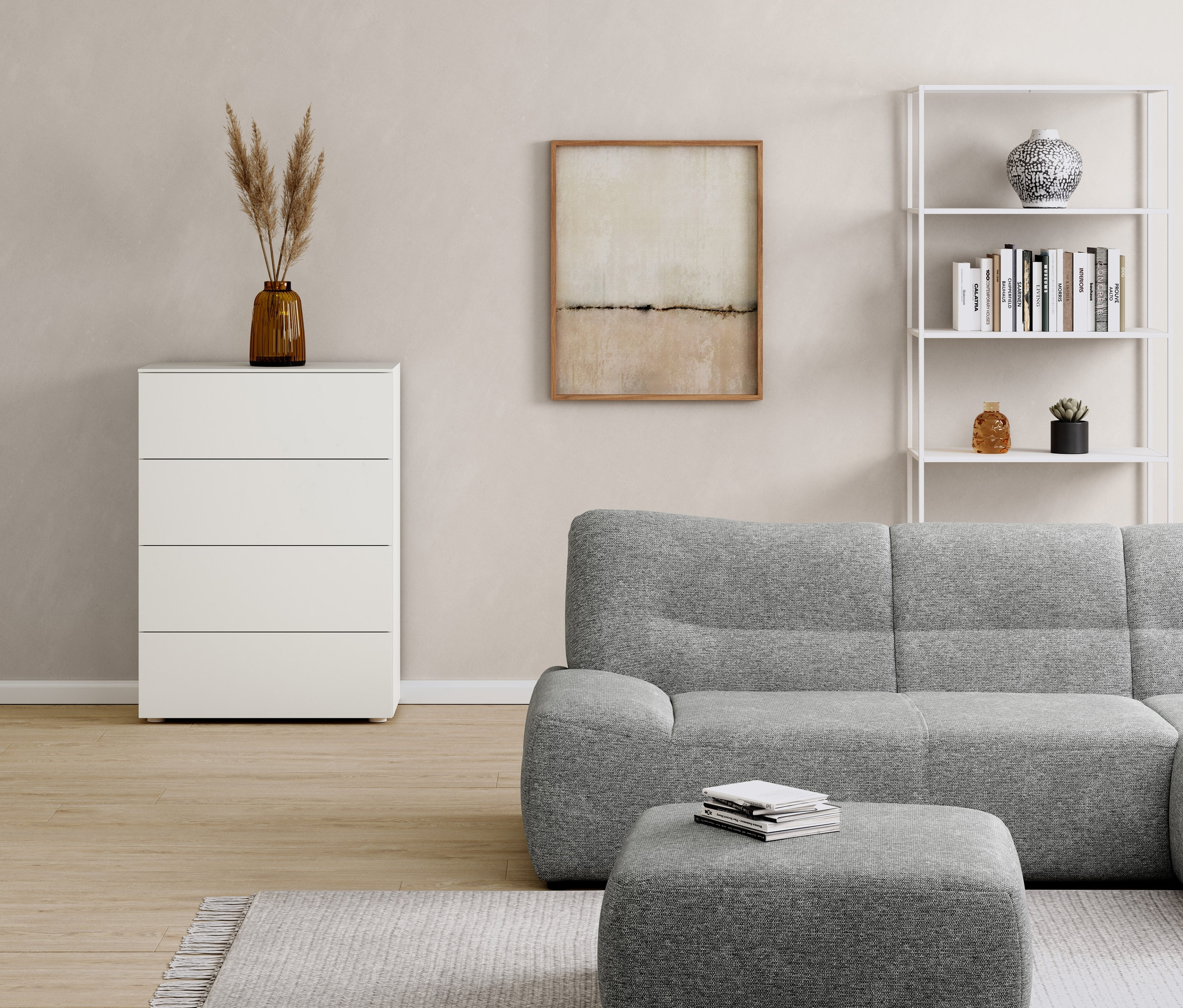 W pokoju stoi biała komoda, metalowy regał, szara sofa i pufa.