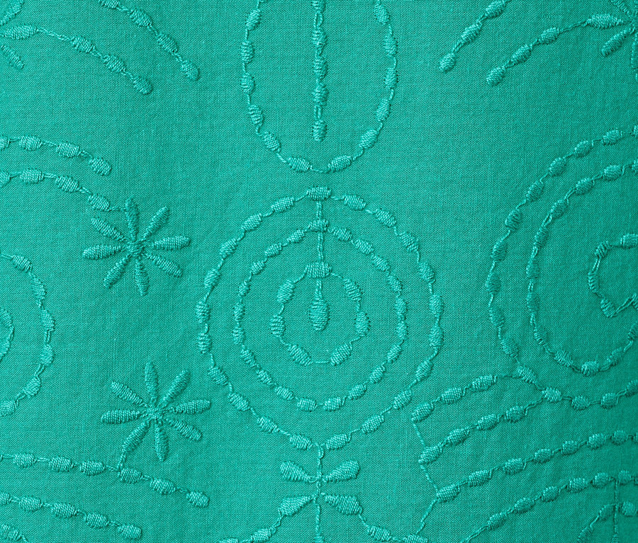 Detal zielonej bluzki z haftem.