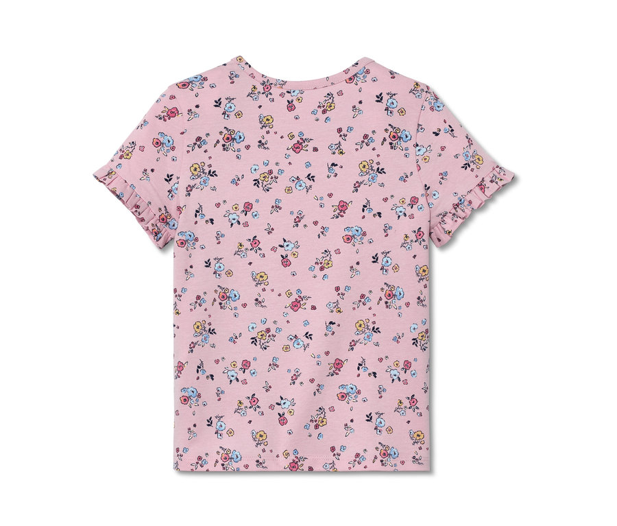 Różowa koszulka dziewczęca z krótkim rękawem i kwiatowym wzorem. Koszulka ma falbanki na rękawach. Koszulki z aplikacją, 2 sztuki.