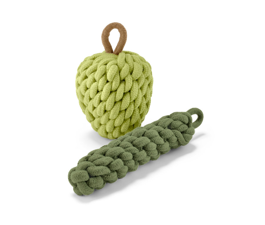 Zabawka dla psa jabłko i cukinia z plecionej bawełny.