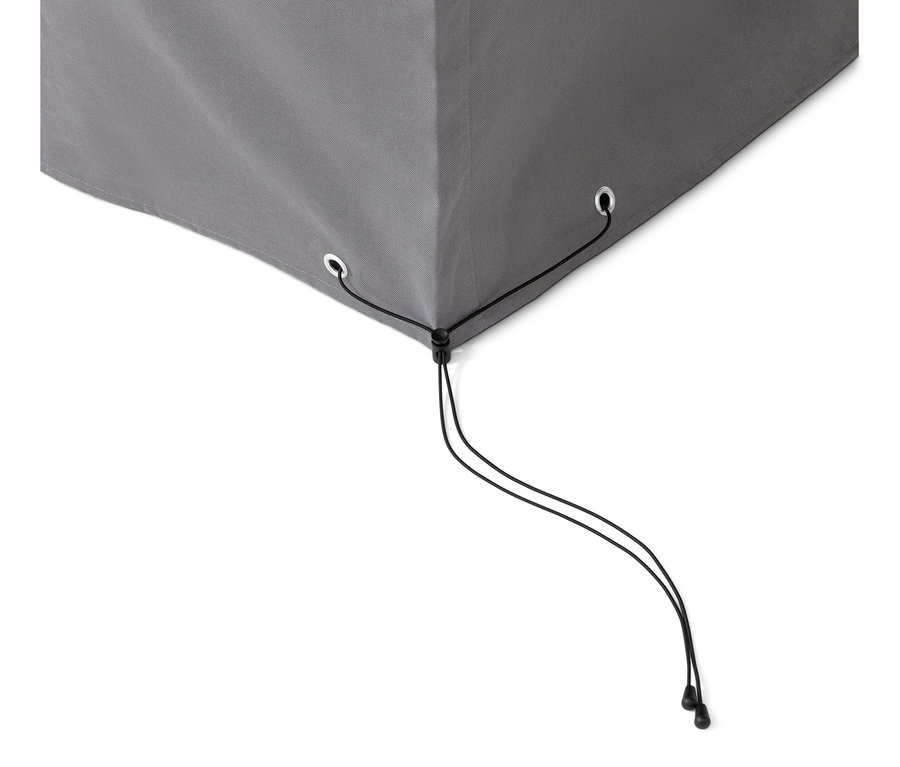 Szczegół szarego pokrowca premium na kosz plażowy XL ze sznurkiem.