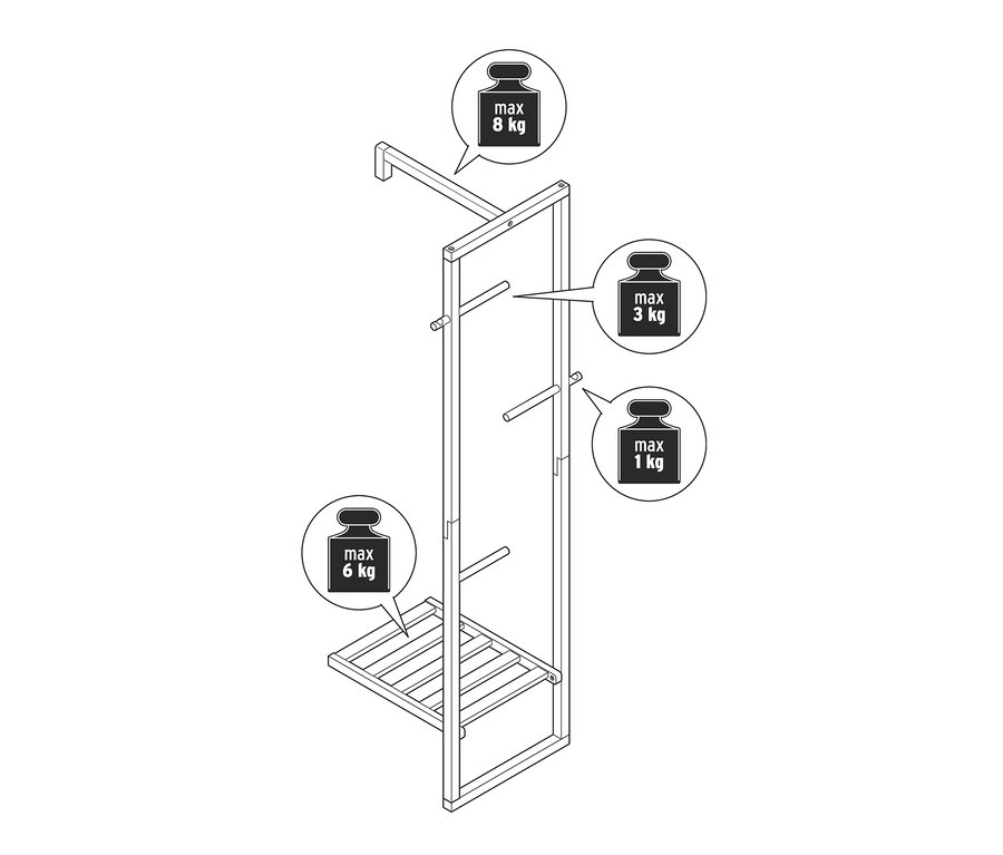 Rysunek wieszaka na ubrania z oznaczeniami maksymalnej wagi.