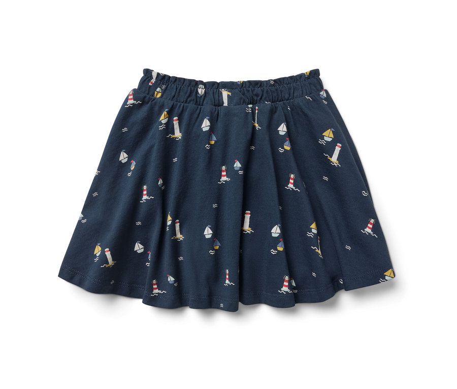 Granatowa spódnica z dżerseju z motywem latarni morskich i żaglówek.