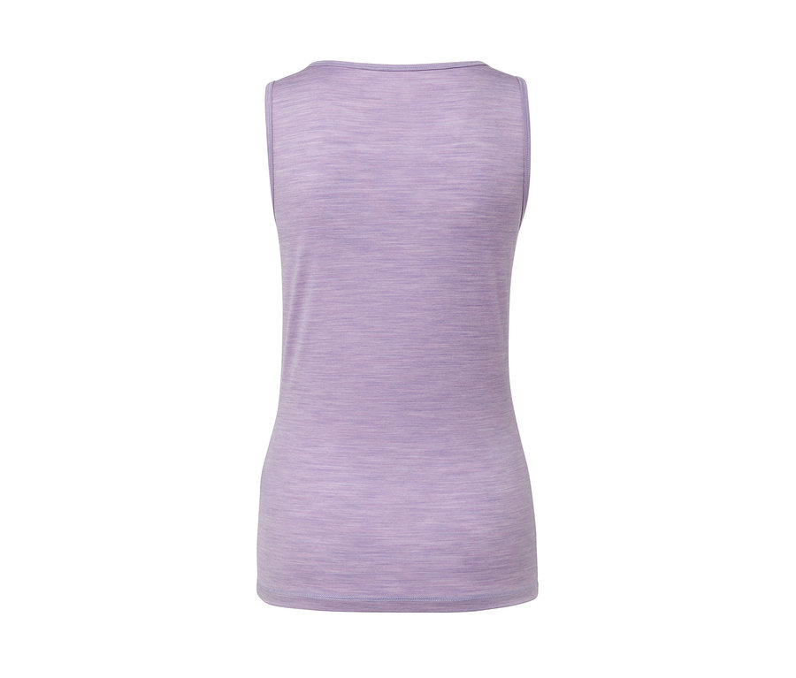 Zbliżenie na tył fioletowej koszulki tank top z wełną merino, 2 sztuki.