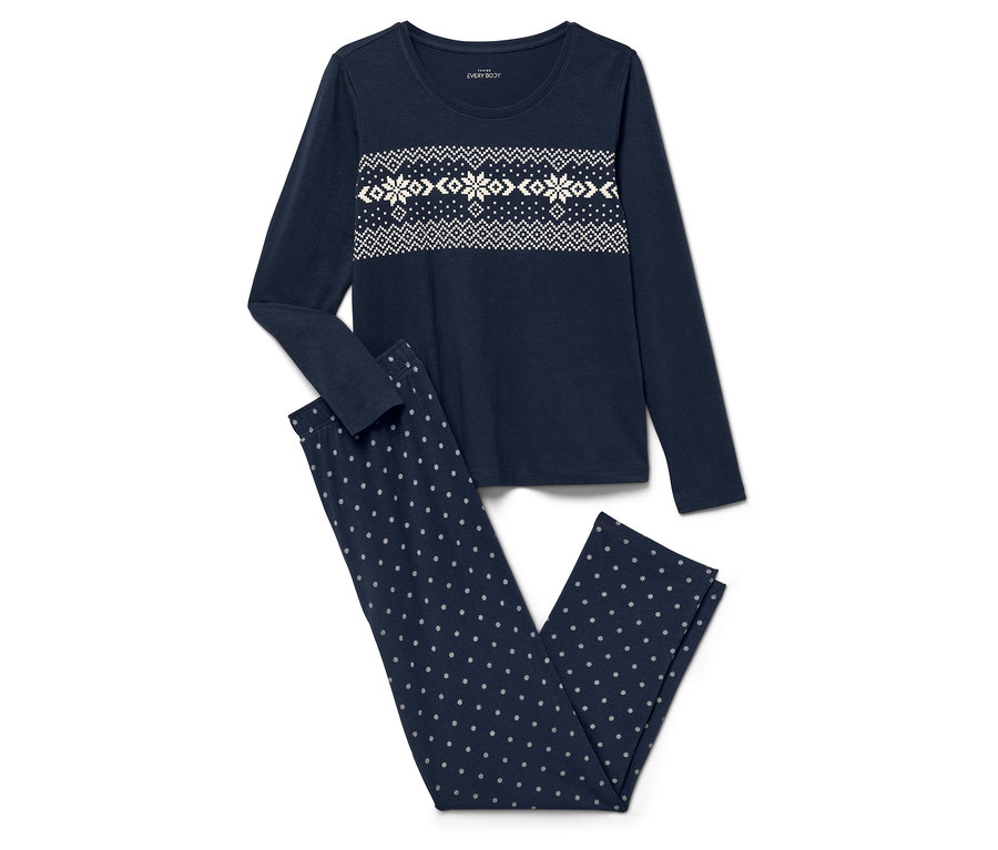 Granatowa piżama z długim rękawem z wzorem płatków śniegu i spodniami w kropki.