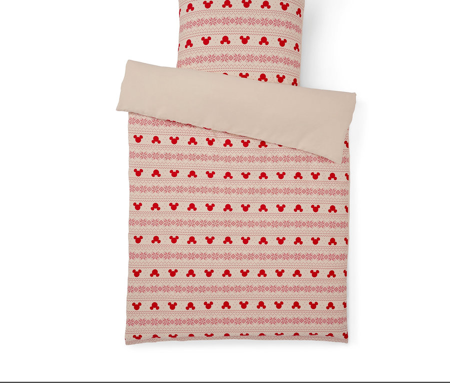 Pościel z motywem Myszki Miki na białym tle.