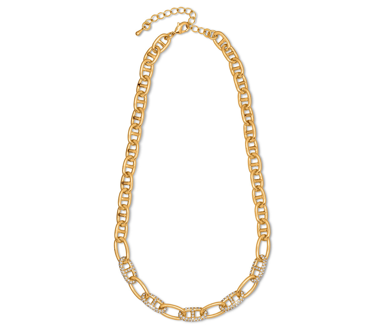 Złoty naszyjnik z łańcuszkiem i ozdobnymi kamieniami.