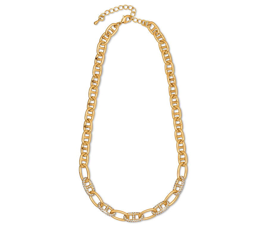 Złoty naszyjnik z łańcuszkiem i ozdobnymi kamieniami.