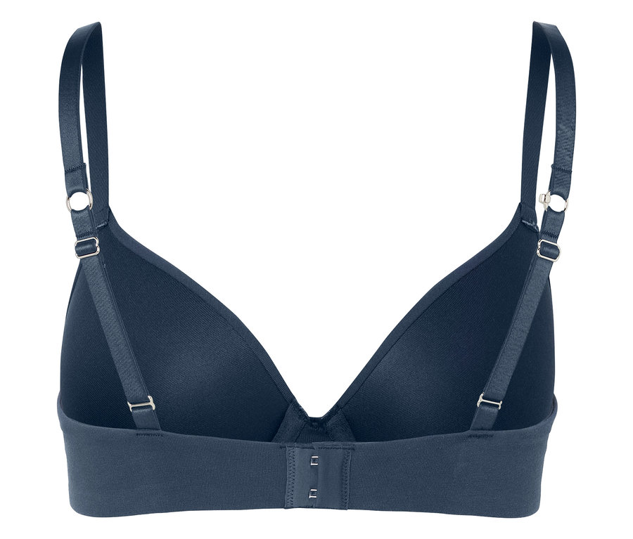 Widok z tyłu granatowego biustonosza z regulowanymi ramiączkami i zapięciem na haftki.