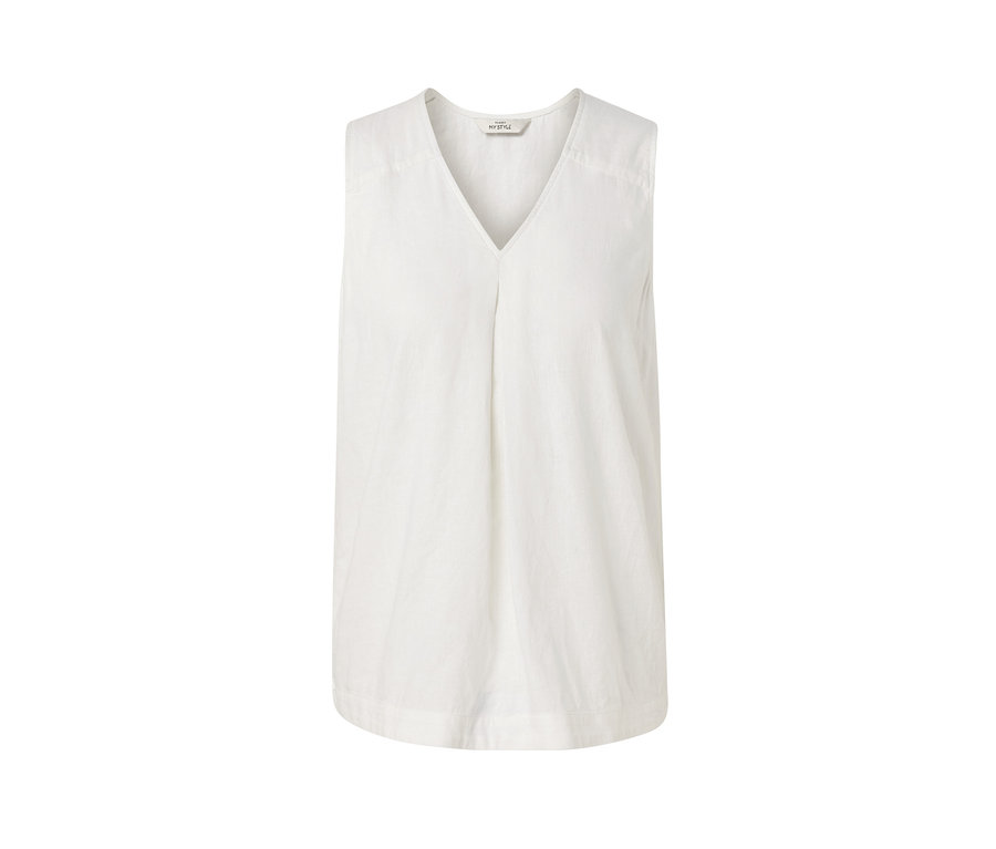 Biała lniana bluzka bez rękawów.