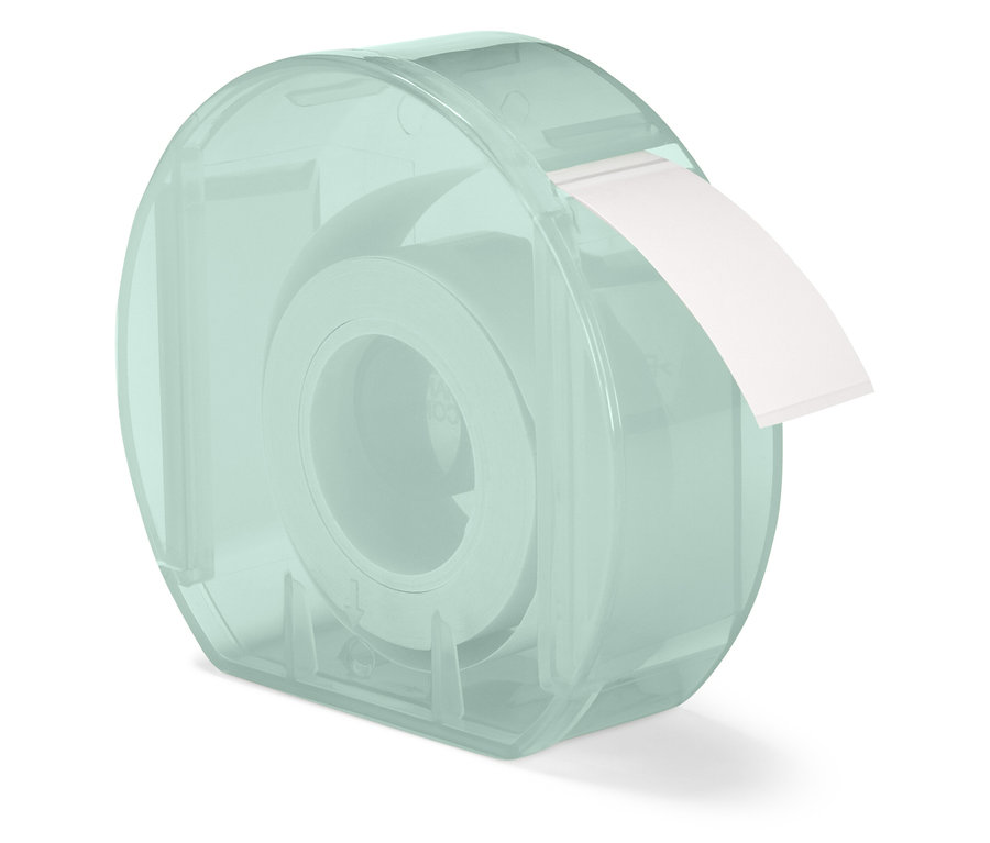 Przezroczysty, niebiesko-zielony podajnik z białą taśmą klejącą.