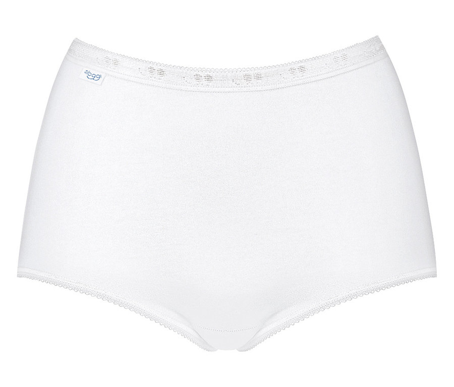 Białe bawełniane figi z elastycznym pasem i koronkowym wykończeniem.