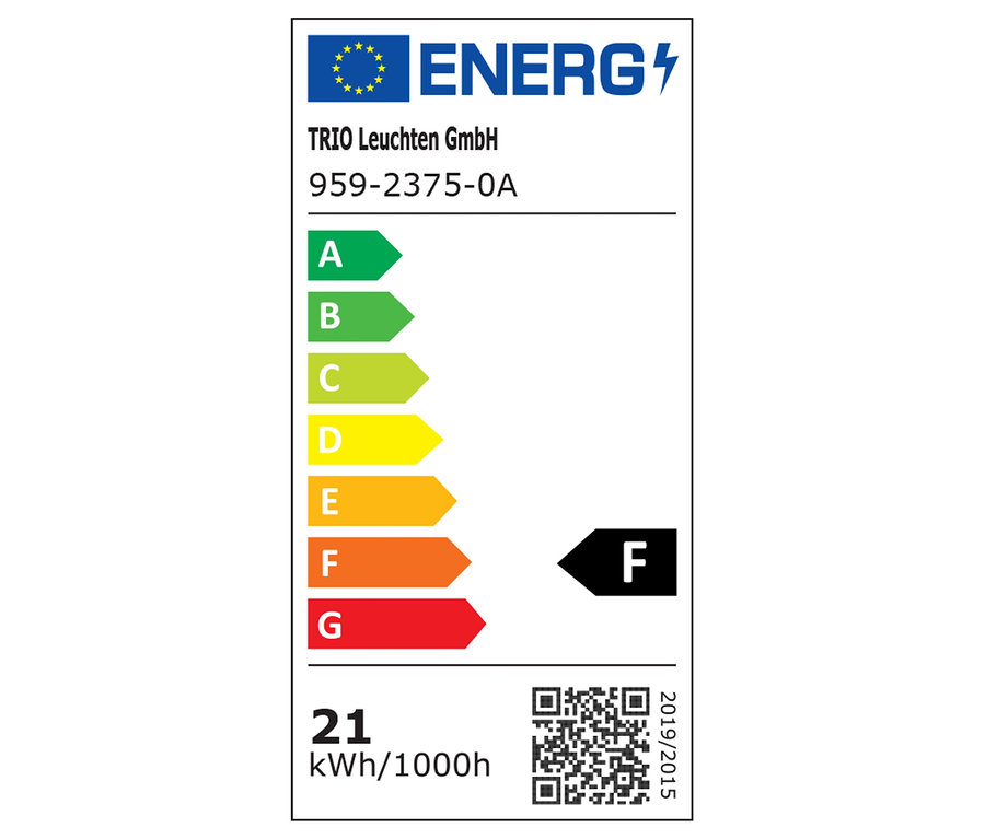 Etykieta energetyczna TRIO Leuchten GmbH, model 959-2375-0A, klasa efektywności energetycznej F, zużycie 21 kWh/1000h.