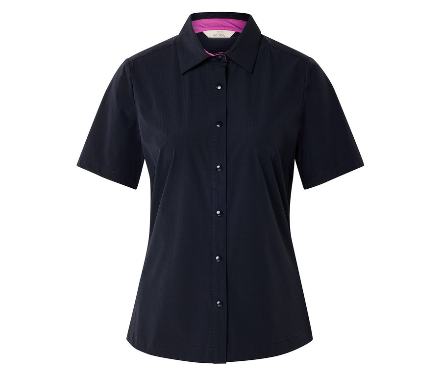 Granatowa koszula z krótkim rękawem, kołnierzykiem i guzikami.