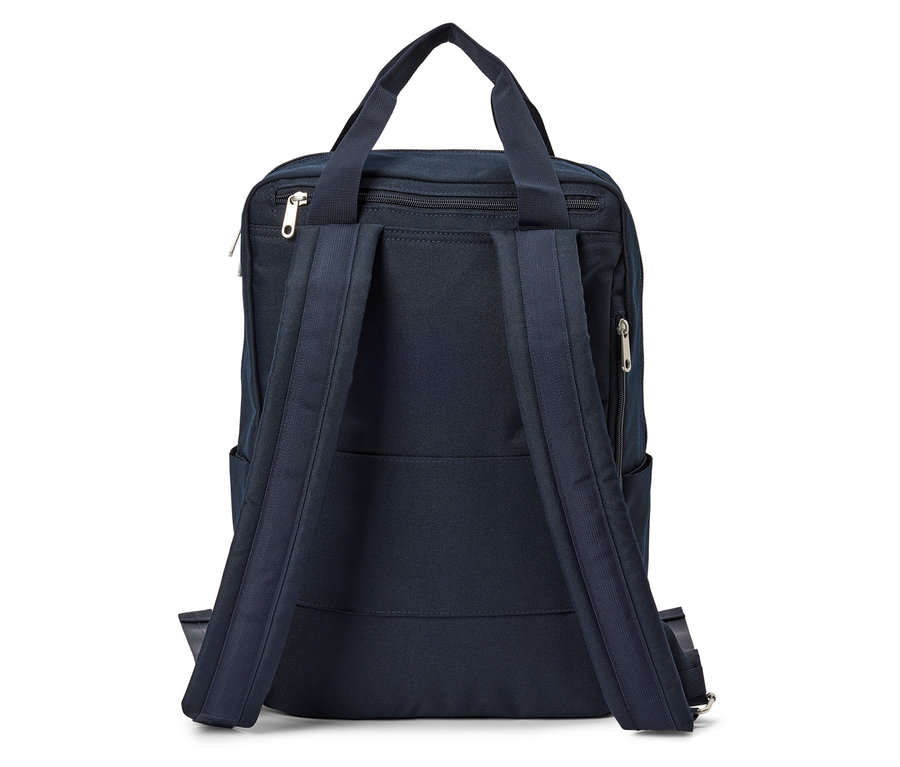 Niebieski plecak widziany od tyłu z paskami i uchwytem.