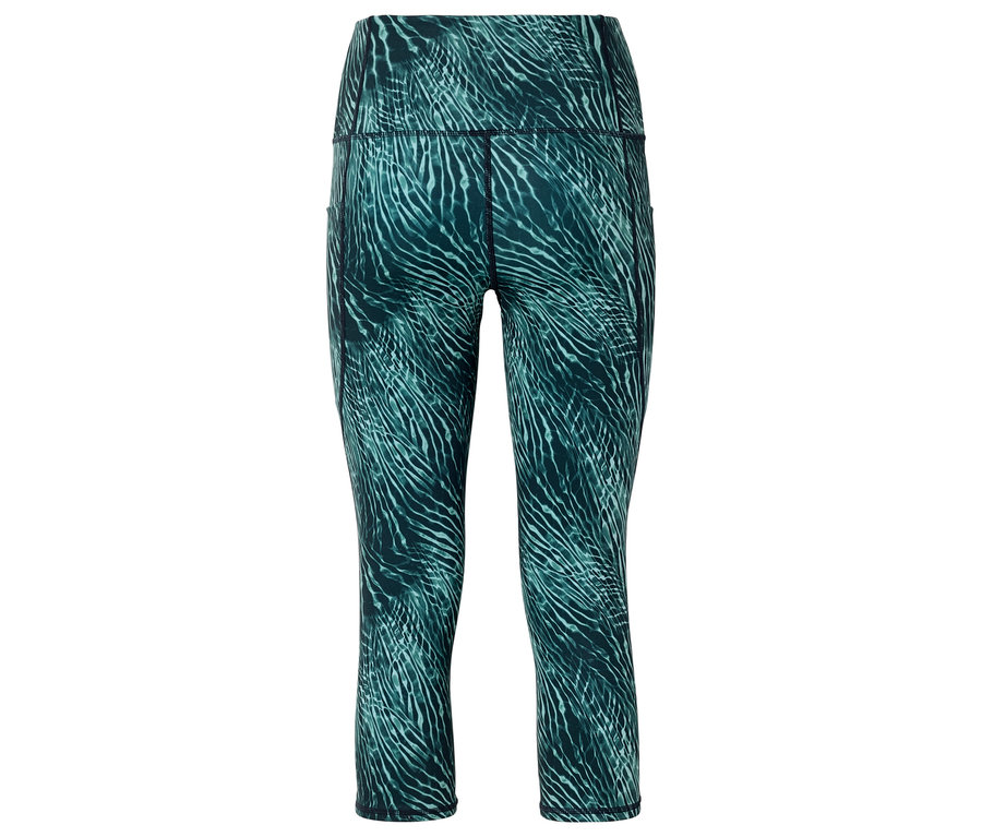 Zielono-niebieskie legginsy z wysokim stanem i abstrakcyjnym wzorem.