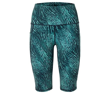 Legginsy Capri w abstrakcyjny, niebiesko-zielony wzór.