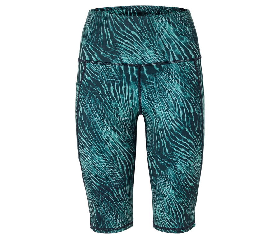 Legginsy Capri w abstrakcyjny, niebiesko-zielony wzór.