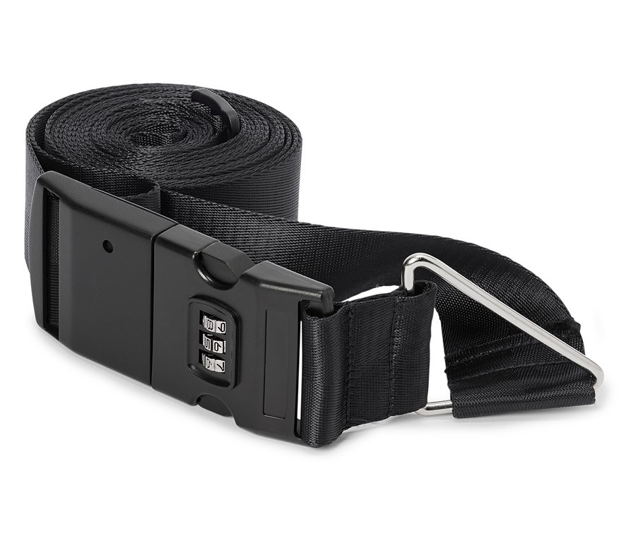 Czarny pas do bagażu z zamkiem szyfrowym i srebrną klamrą, zwinięty na białym tle.