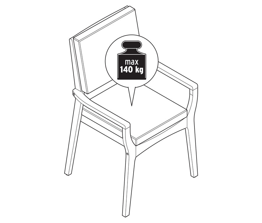 Widok z góry szkicowanego, stackowanego krzesła ogrodowego z drewna tekowego ze wskazaniem wagi.