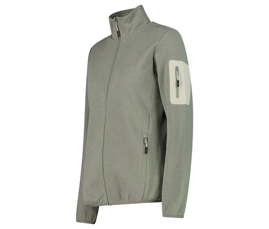 Jasnozielona kurtka polarowa zapinana na zamek błyskawiczny, z kieszenią na lewym rękawie.