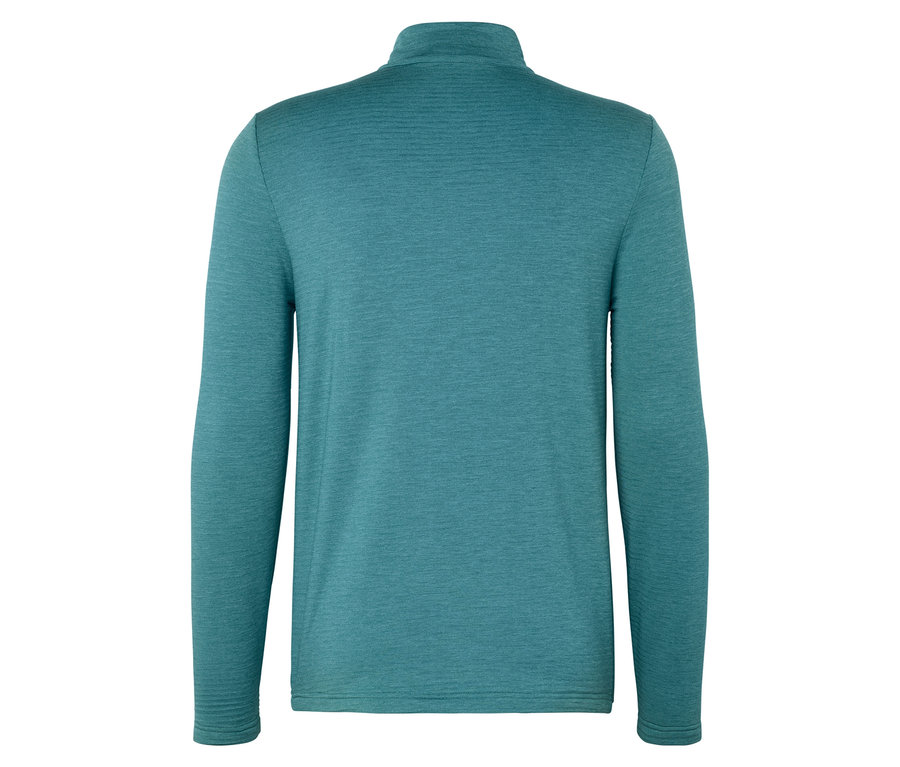 Widok z tyłu turkusowej koszulki z długim rękawem i zamkiem błyskawicznym.