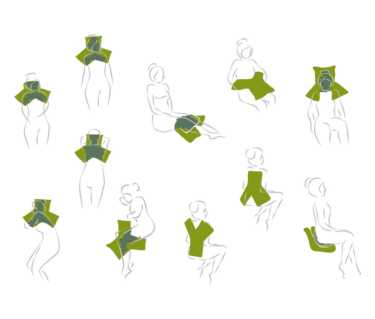 Szkice pokazują, jak poduszka wielofunkcyjna jest używana do różnych części ciała.