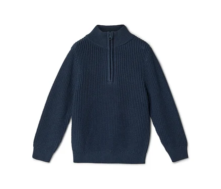 Granatowy sweter z dzianiny z golfem i krótkim zamkiem błyskawicznym.